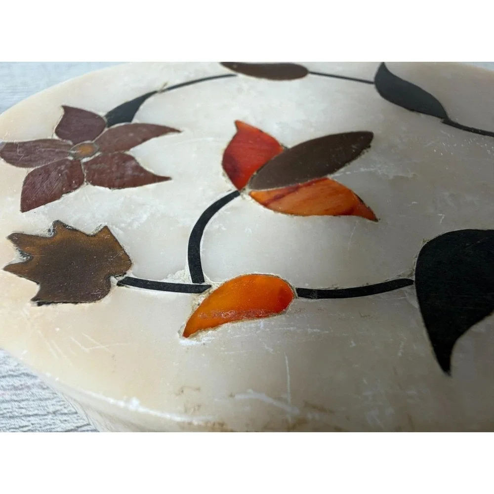 Stone Inlay Jewelry Box Marble Floral Mosaic Trinket Jewelry Box Oval Vtg Decor